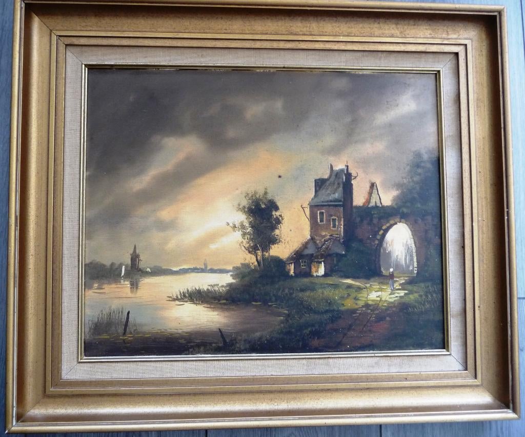 Romantische school - doek - gelijst, Antiek en Kunst, Kunst | Schilderijen | Klassiek, Ophalen of Verzenden