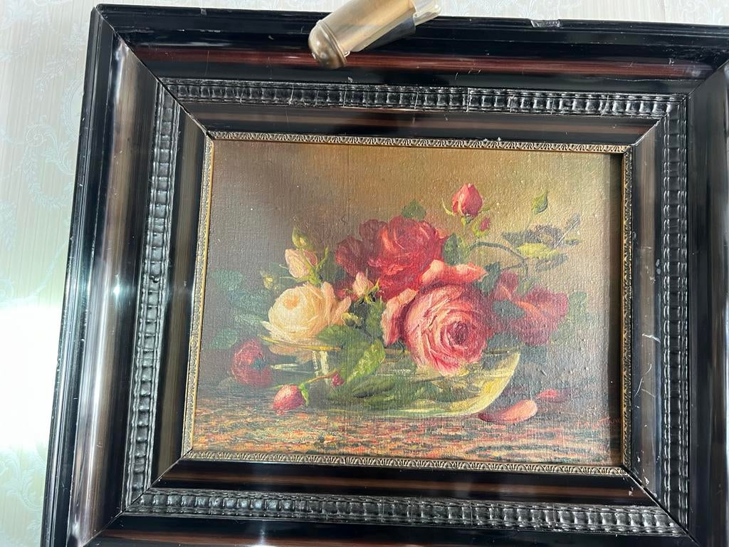 Antiek olieverfschilderij: Bloemenstilleven met rozen, Ophalen