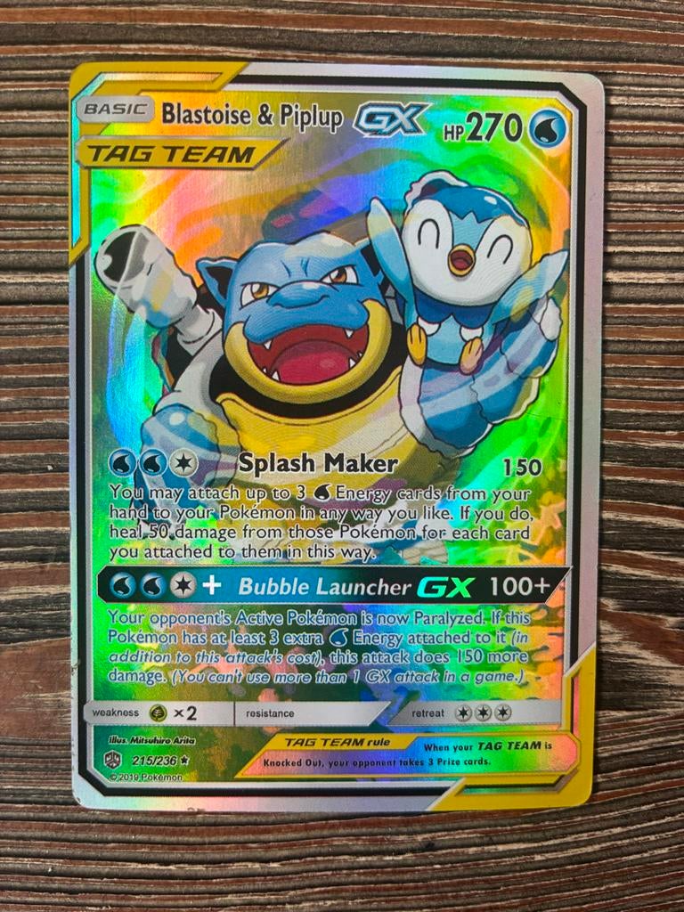Pokemon kaart Blastoise & Piplup GX TAG TEAM 215/236, Hobby en Vrije tijd, Verzamelkaartspellen | Pokémon, Zo goed als nieuw, Losse kaart