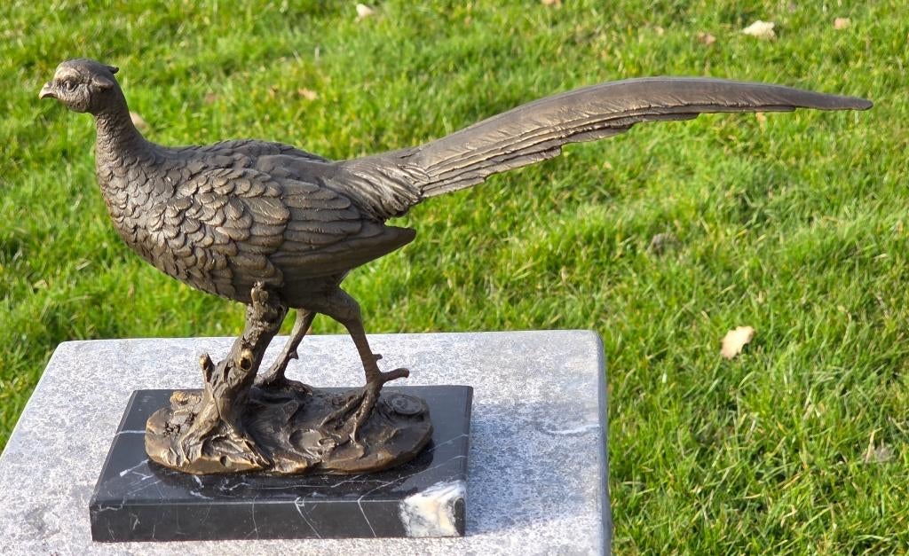 FAZANT / brons / marmeren voet / 32 cm breed, Tuin en Terras, Tuinbeelden, Dierenbeeld, Nieuw, Info@huisentuindecoratiemarie.nl
