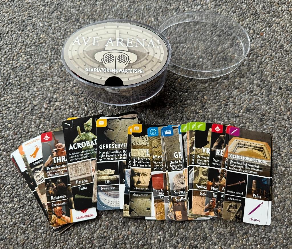 Gladiatoren kwartetspel - met arena doosje, Verzamelen, Ophalen of Verzenden, Zo goed als nieuw, Kwartet(ten)