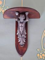 Kleine antieke houten wandconsole met metalen putti, Ophalen of Verzenden