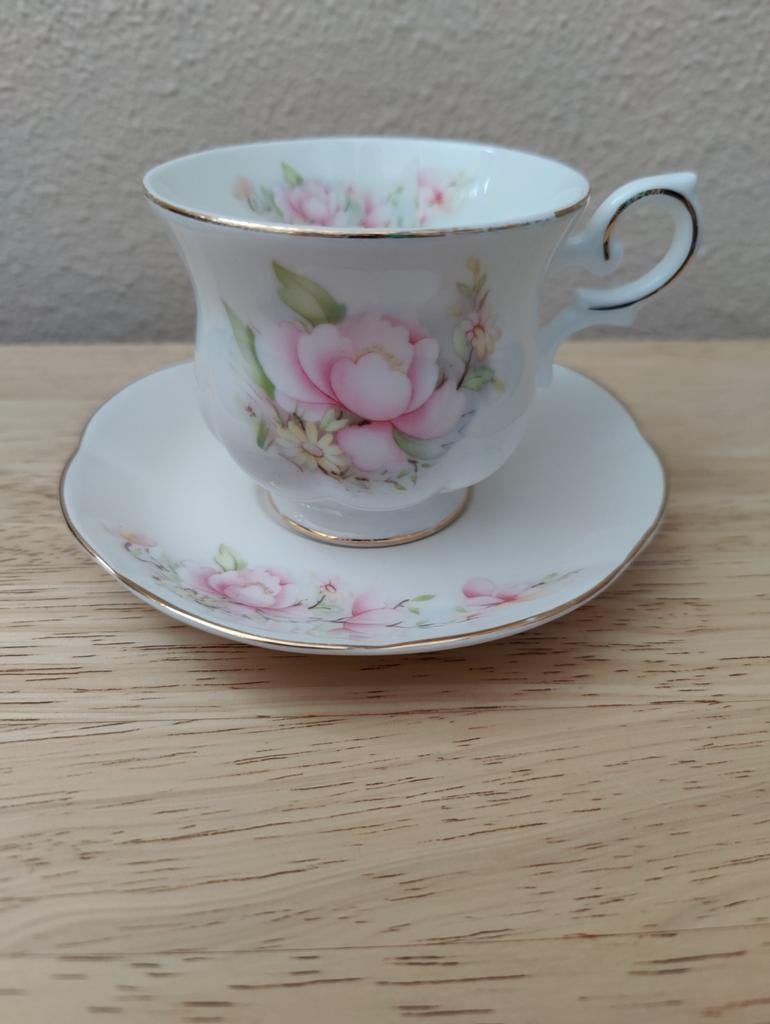 Engels kop en schotel van Royal Canterbury, met rose bloesem, Huis en Inrichting, Keuken | Servies, Gebruikt, Kop(pen) en/of Schotel(s)