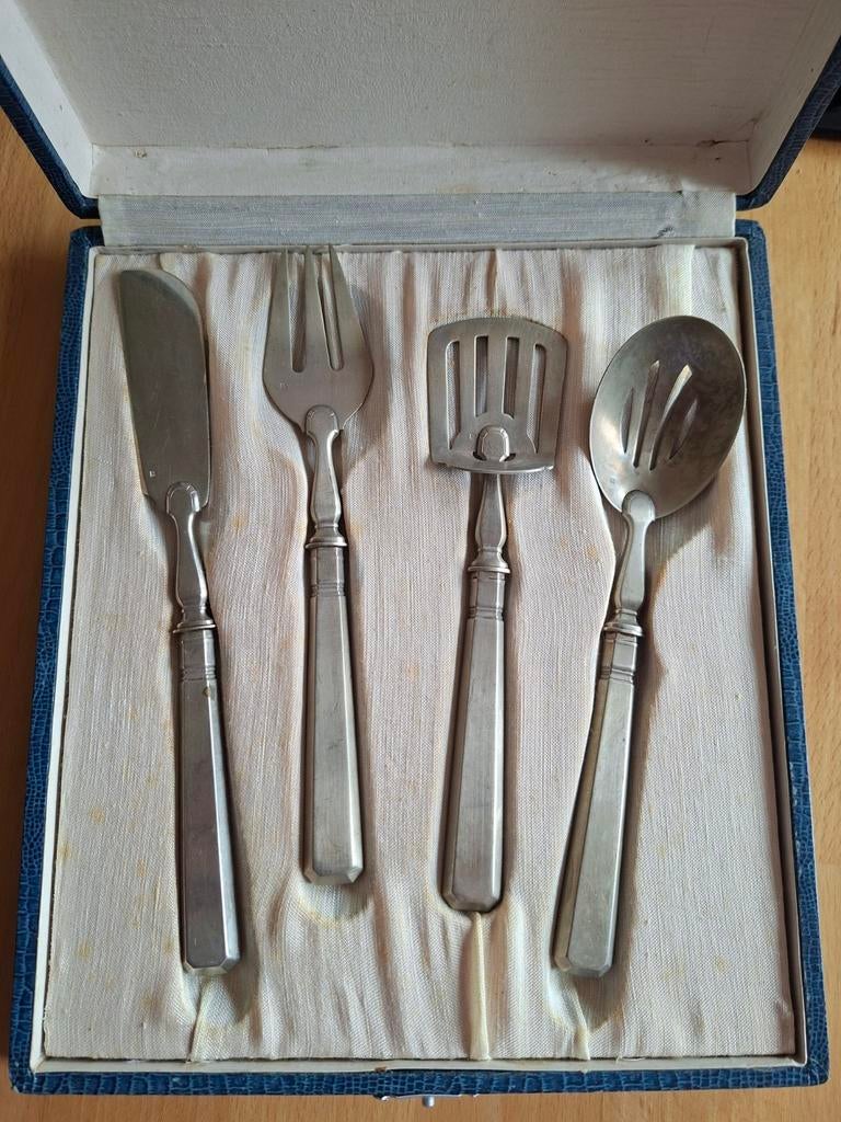 Vintage verzilverd visbestek in originele doos, Ophalen of Verzenden