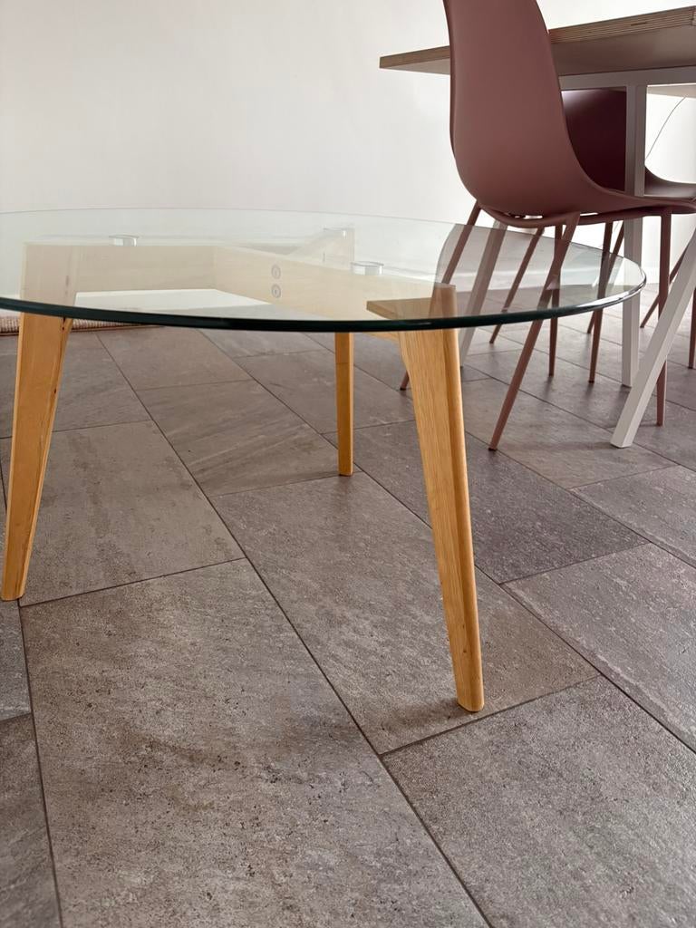 Glazen salon tafel met houten poten van Loods 5, Ophalen, 50 tot 100 cm, Zo goed als nieuw, Minder dan 50 cm