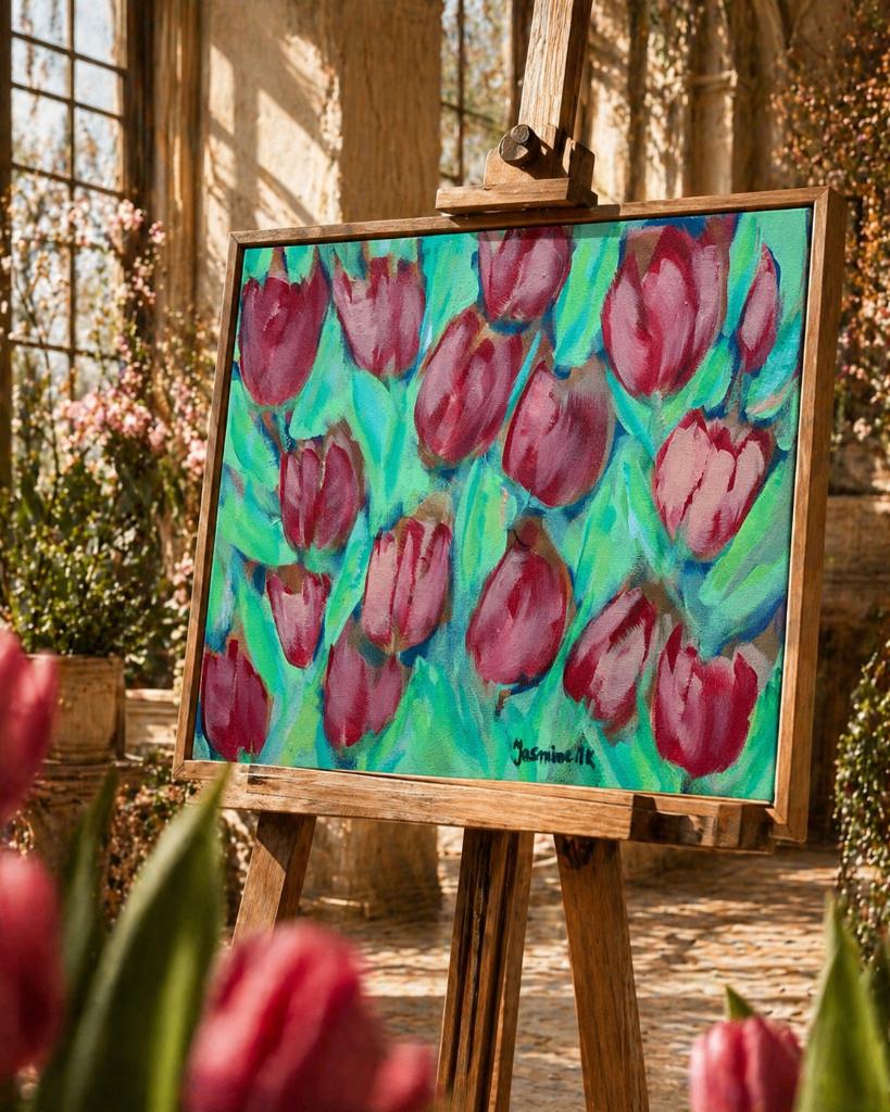 Origineel tulpen schilderij op doek 24x30 cm Jasmine MK, Antiek en Kunst, Ophalen of Verzenden