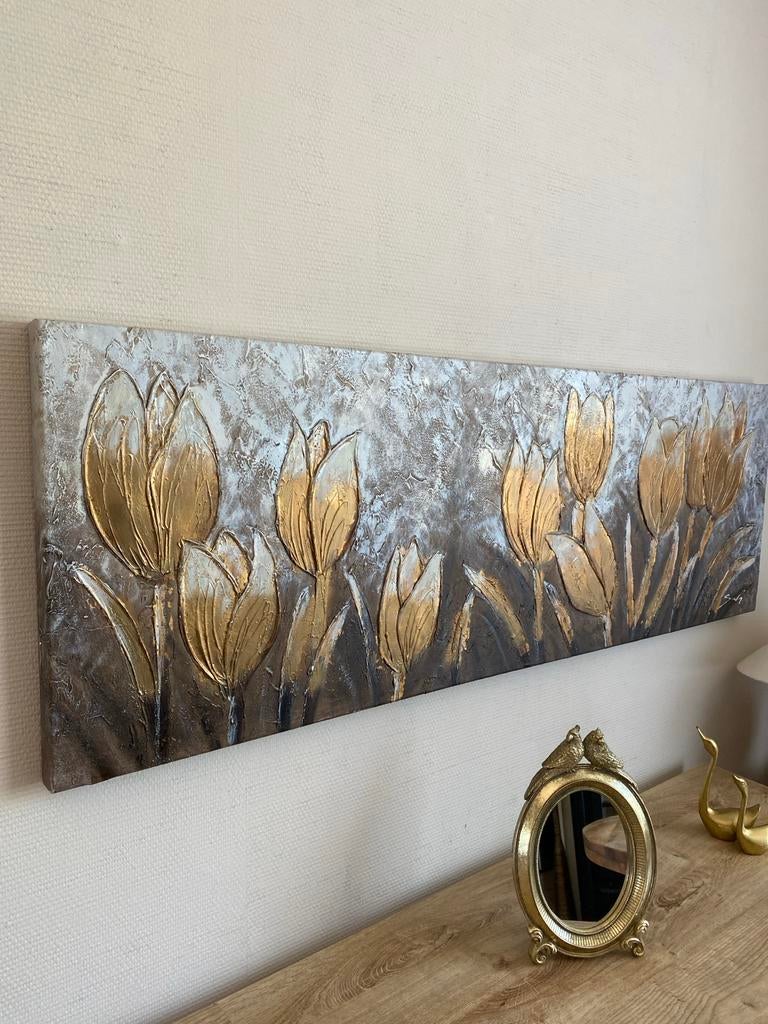 Goudkleurig schilderij met tulpen reliëf, Antiek en Kunst, Ophalen