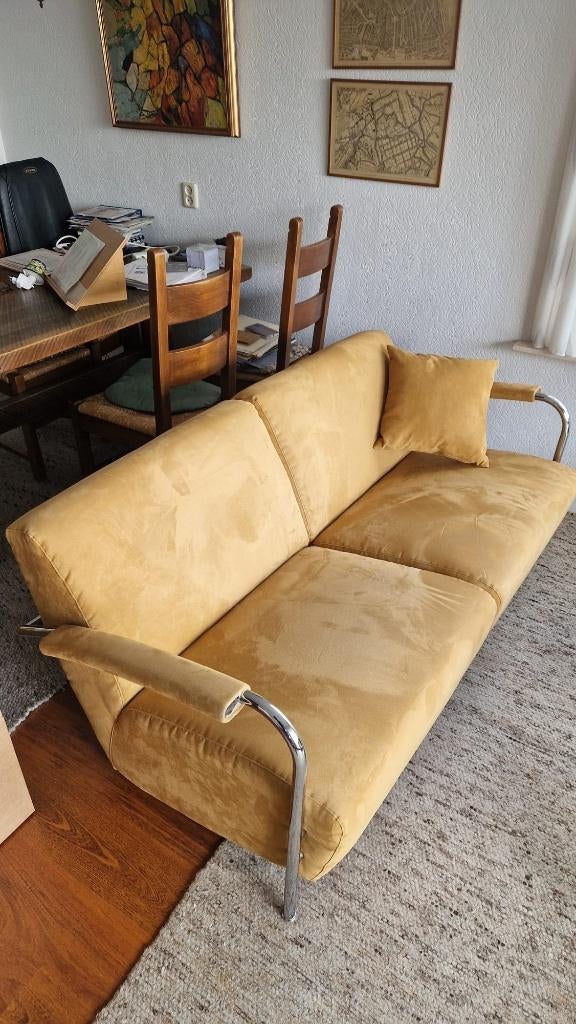 Leolux Scylla design bank in oker alcantara-achtige stof, Huis en Inrichting, Ophalen, 150 tot 200 cm, Tweepersoons, 75 tot 100 cm