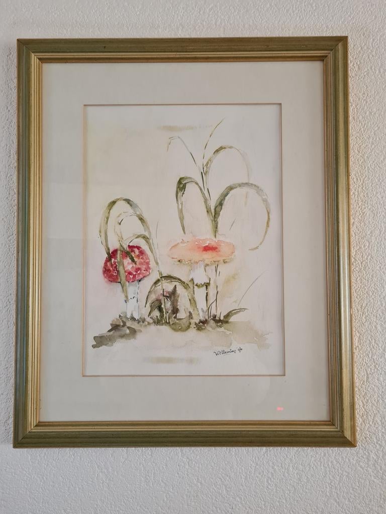 Ingelijste aquarel met paddenstoelen, Antiek en Kunst, Kunst | Schilderijen | Klassiek, Ophalen of Verzenden
