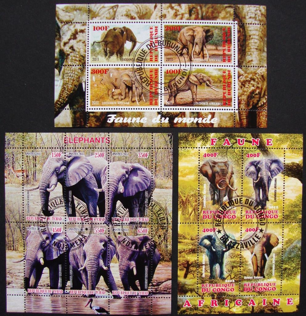 - 820 - 3 Blokken met Olifanten., Verzenden, Gestempeld, Dier of Natuur