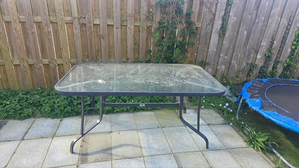 Tuintafel met glazen blad - Bois Le Duc, Tuin en Terras, Tuintafels, Ophalen, Gebruikt, Rechthoekig, Metaal