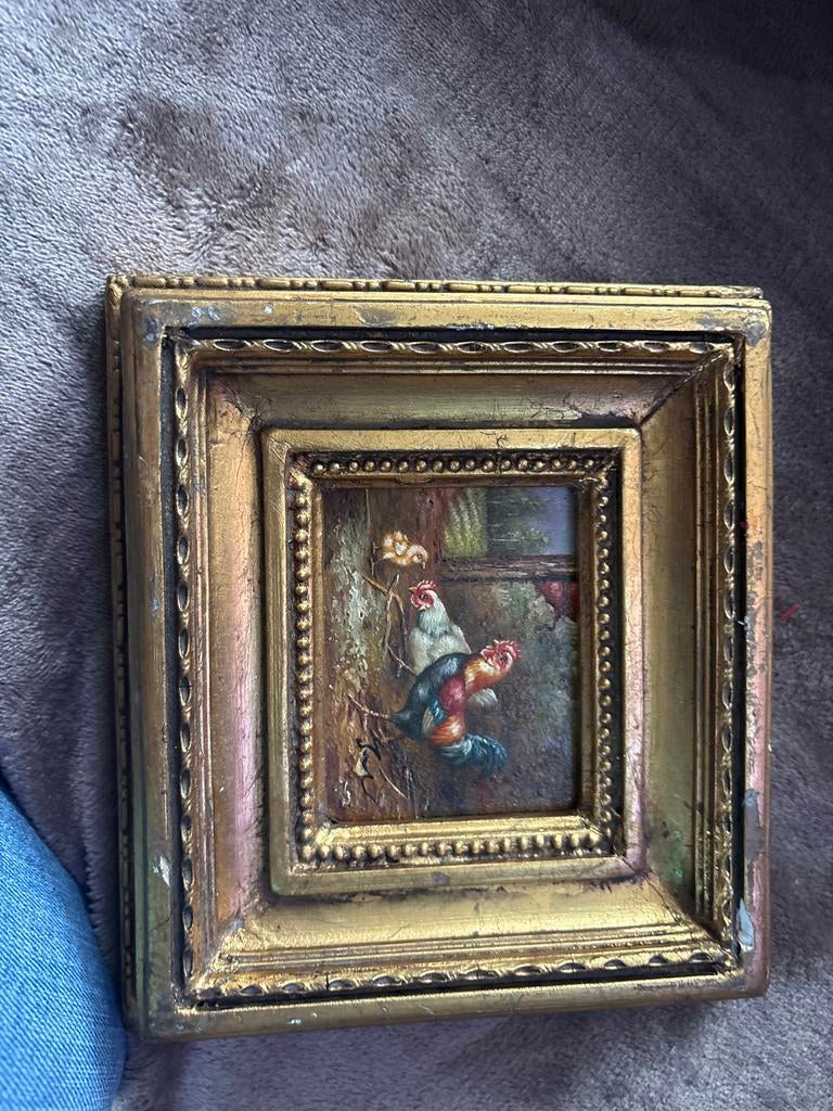 Klein schilderij met kippen in gouden lijst, Ophalen of Verzenden