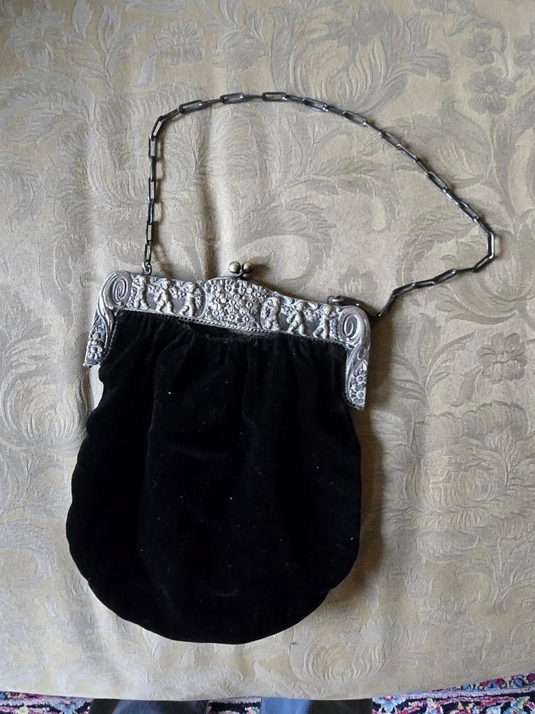 Antiek beugeltasje beurs fluweel zilver ca 20cm, Ophalen of Verzenden