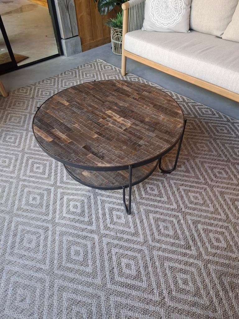 Ronde salontafel met houten blad en metalen onderstel, Gebruikt, 50 tot 100 cm, Industrieel, Landelijk, Rond