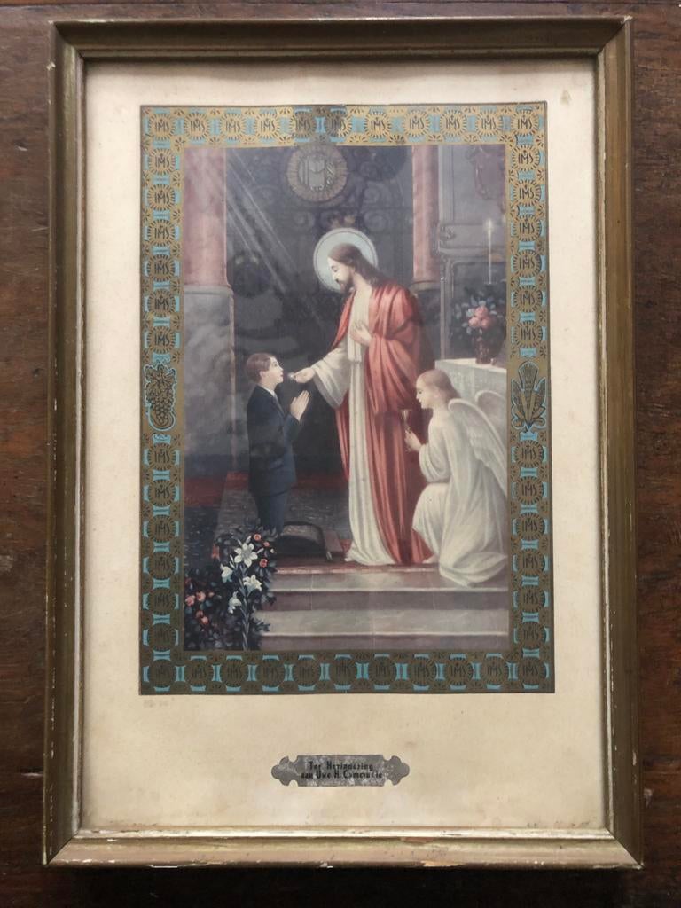 Oude Religieuze Prent Eerste Communie, Verzamelen, Religie, Zo goed als nieuw, Christendom | Katholiek, Kaart of Prent, Ophalen of Verzenden