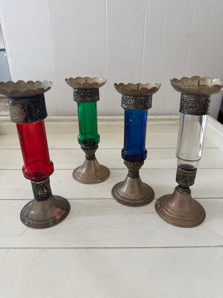 Set van 4 vintage kandelaars met gekleurd glas, Antiek en Kunst, Ophalen of Verzenden, Overige materialen