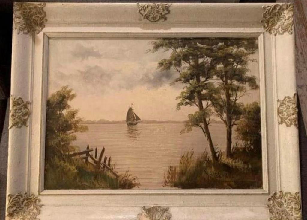 Schilderij H Hermans Olieverf Doek zomers plasgezicht, Antiek en Kunst, Ophalen