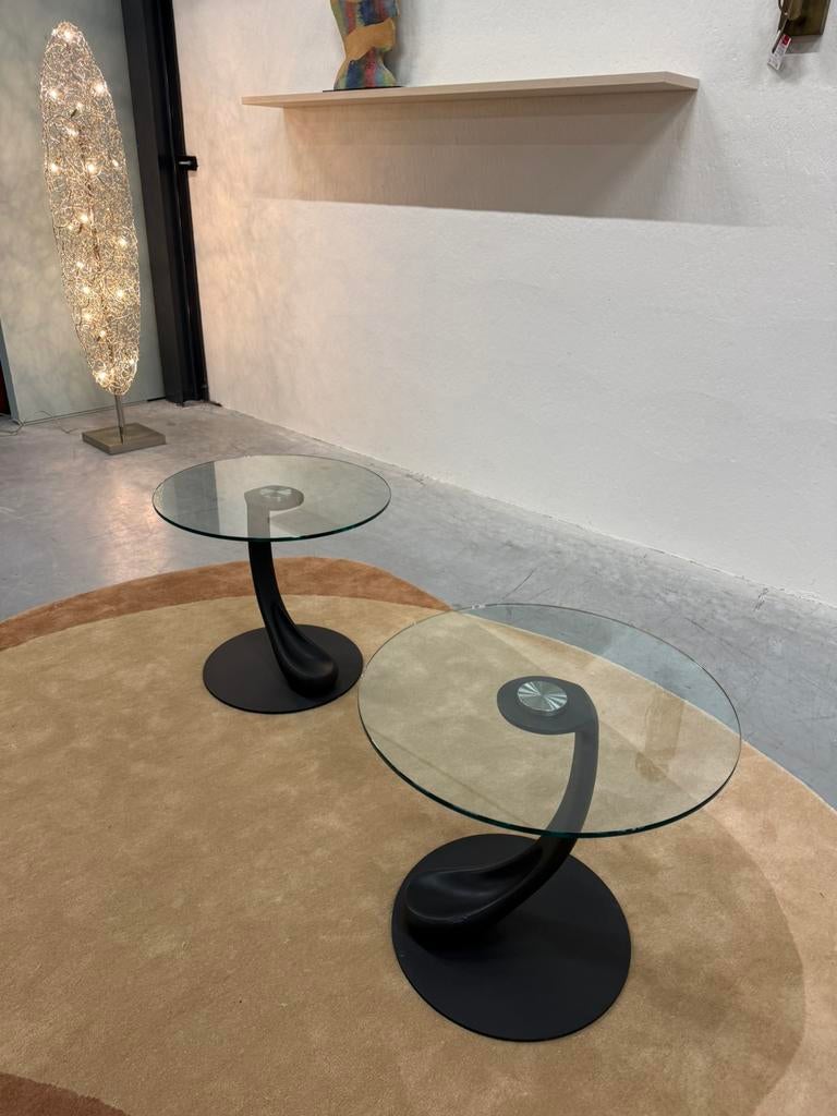 2 Fiam bijzettafels glas design Tafel, 45 tot 60 cm, Minder dan 55 cm, Gebruikt, Rond