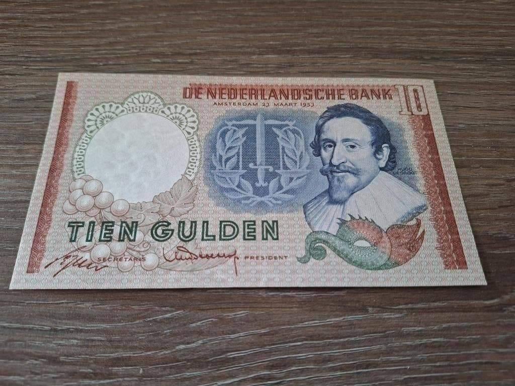 Bijna UNC biljet 10 gulden Hugo de Groot 1953, PL45b2, Postzegels en Munten, Bankbiljetten | Nederland, Ophalen of Verzenden, 10 gulden