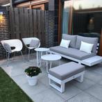 Tuinmeubel Tuinset Lounge bank met poef en 2 tafeltjes, Ophalen, Gebruikt, 3 zitplaatsen, Aluminium