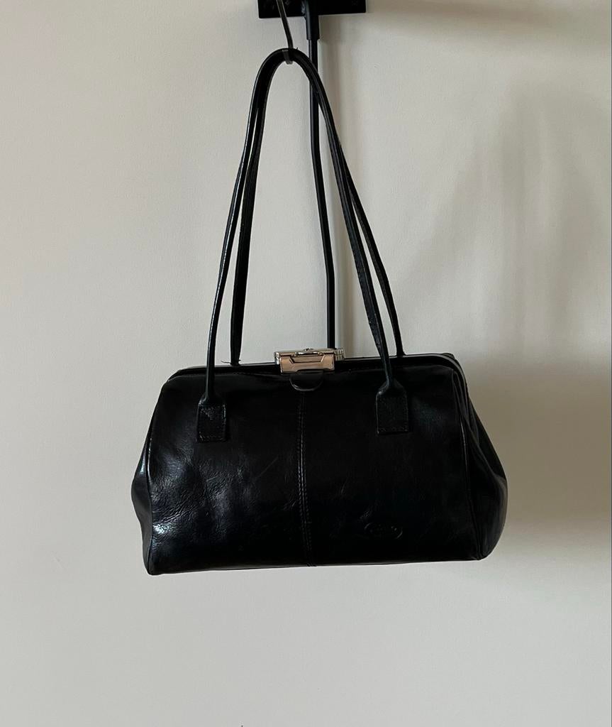 Stijlvolle Zwarte Leren dokters/ Handtas - Tijdloos Design, Ophalen of Verzenden, Gebruikt, Zwart, Handtas