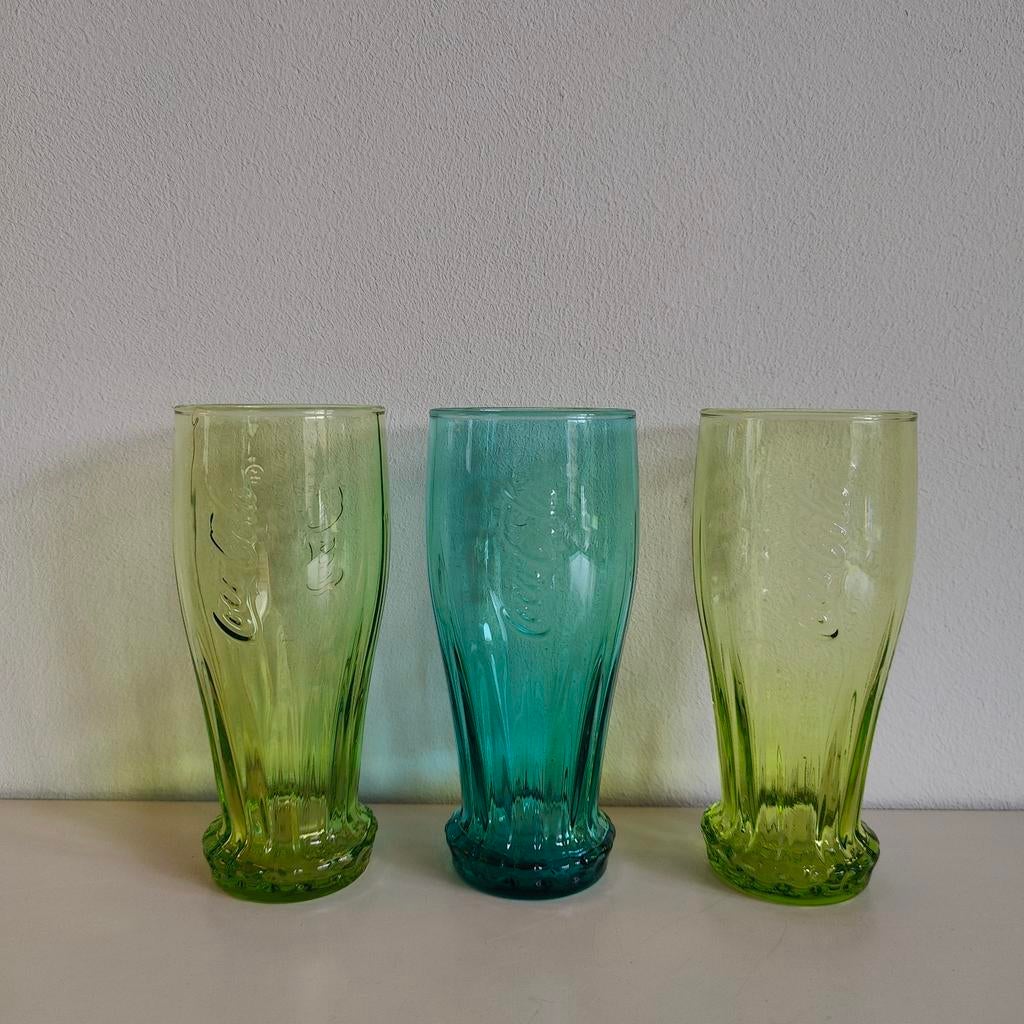Coca Cola groene blauwe glazen; set van 3, Ophalen of Verzenden, Gebruikt
