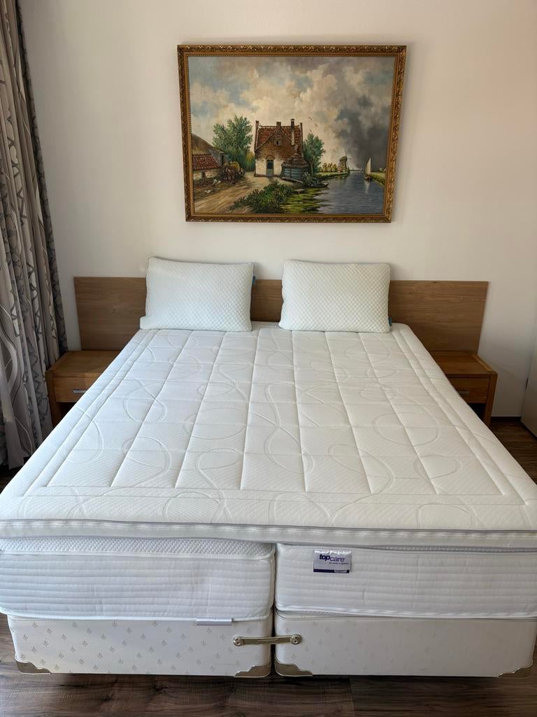 Boxspring met matrassen en topper 160x200 cm, Ophalen, Wit, Tweepersoons, Zo goed als nieuw