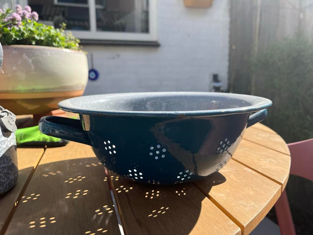 Emaille uitlek zeef in petrol kleur, Antiek en Kunst, Ophalen of Verzenden