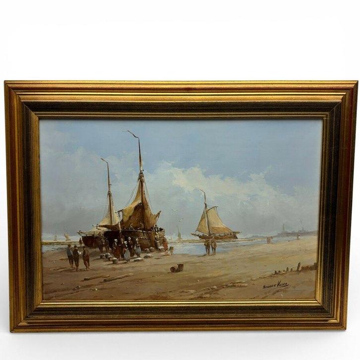 Hendrick Vader (1928-1997) - Botter en figuren op het strand, Antiek en Kunst, Kunst | Schilderijen | Klassiek, Ophalen of Verzenden