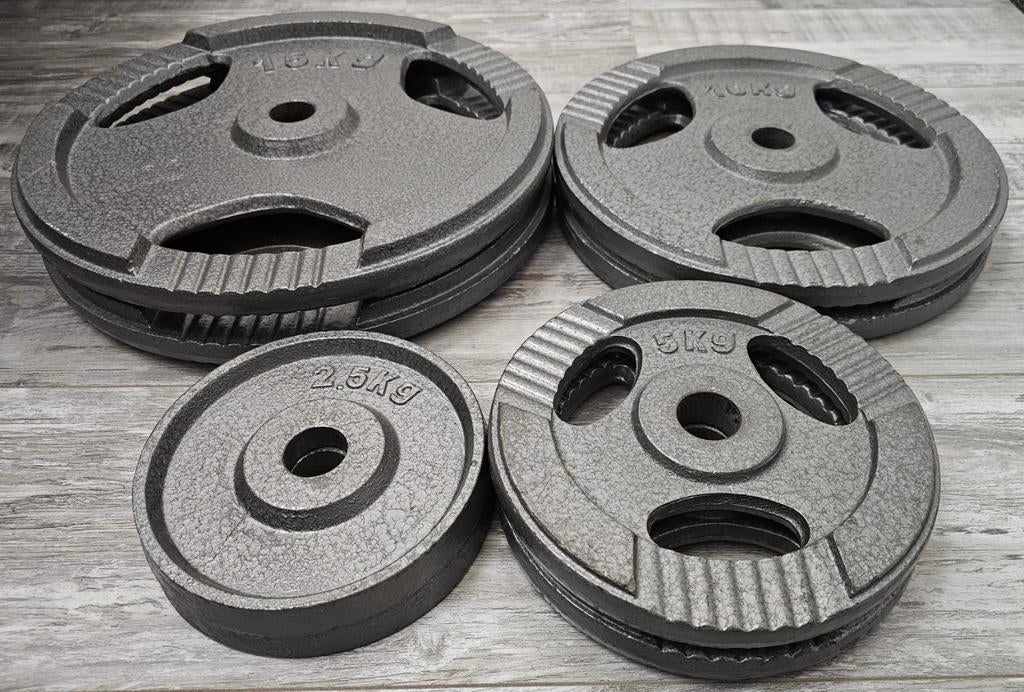 Physionics® Gietijzeren halterschijvenset, 2x5/4x5/6x5/2x10/4x10/6x10/2x15/4x15/6x15/2x20/4x20/6x20 kg, 30 mm boring, voor lange halter en korte halter - gewichtsschijven, gewichtenset (2 x 10 kg
