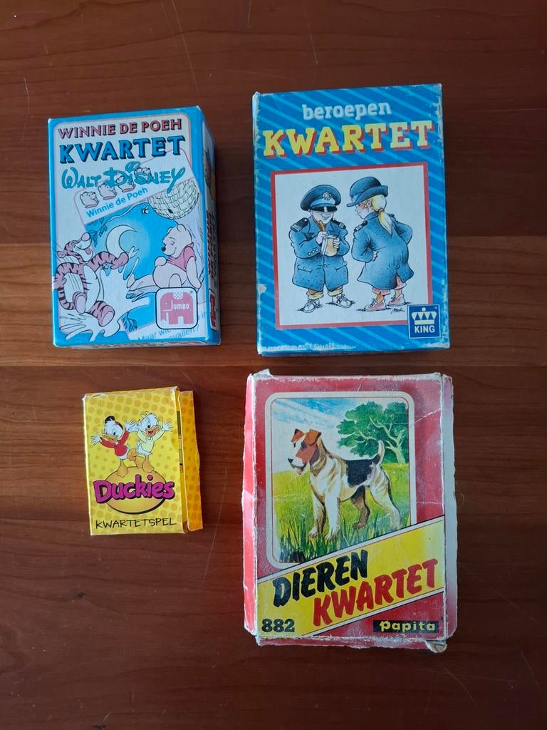 4 complete kwartetspellen: Disney, Beroepen, Duckies, Dieren, Vijf spelers of meer, Ophalen of Verzenden, Gebruikt, Jumbo, King, Papita