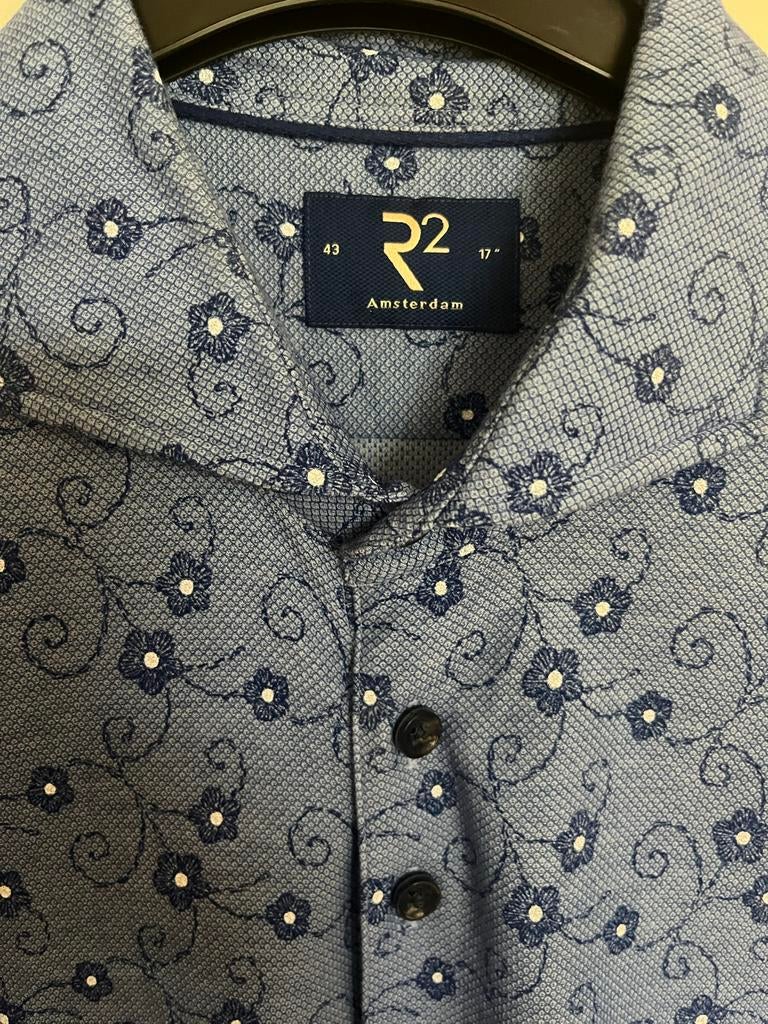R2 Amsterdam overhemd blauw gebloemd maat 43, Ophalen of Verzenden, Gedragen, Blauw, Halswijdte 43/44 (XL)
