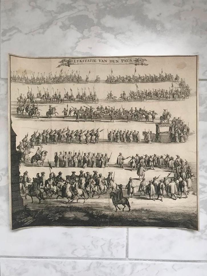 Lykstatie van den Paus, 1700, Hendrik Elandt, 33x31cm. Mooi!, Antiek en Kunst, Kunst | Etsen en Gravures, Ophalen of Verzenden