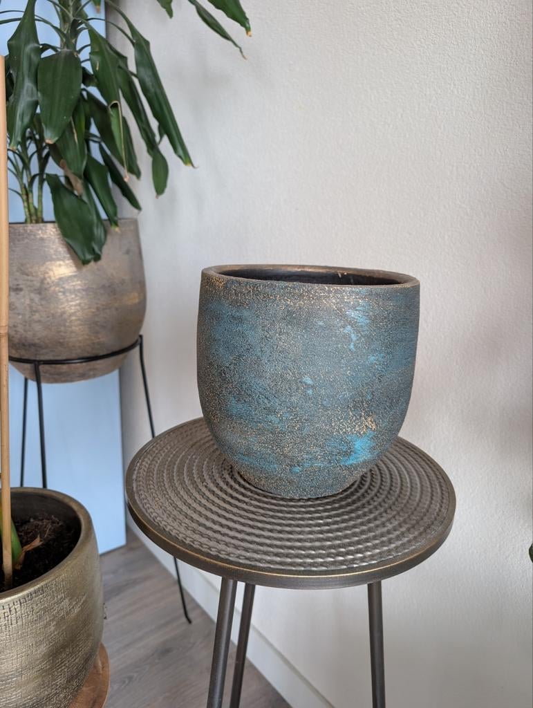 Bloempot donkergroen met goud, Tuin en Terras, Bloempotten, Ophalen, Rond, Binnen, Zo goed als nieuw