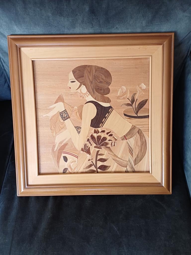 Houten fineer indisch schilderij, Antiek en Kunst, Ophalen of Verzenden