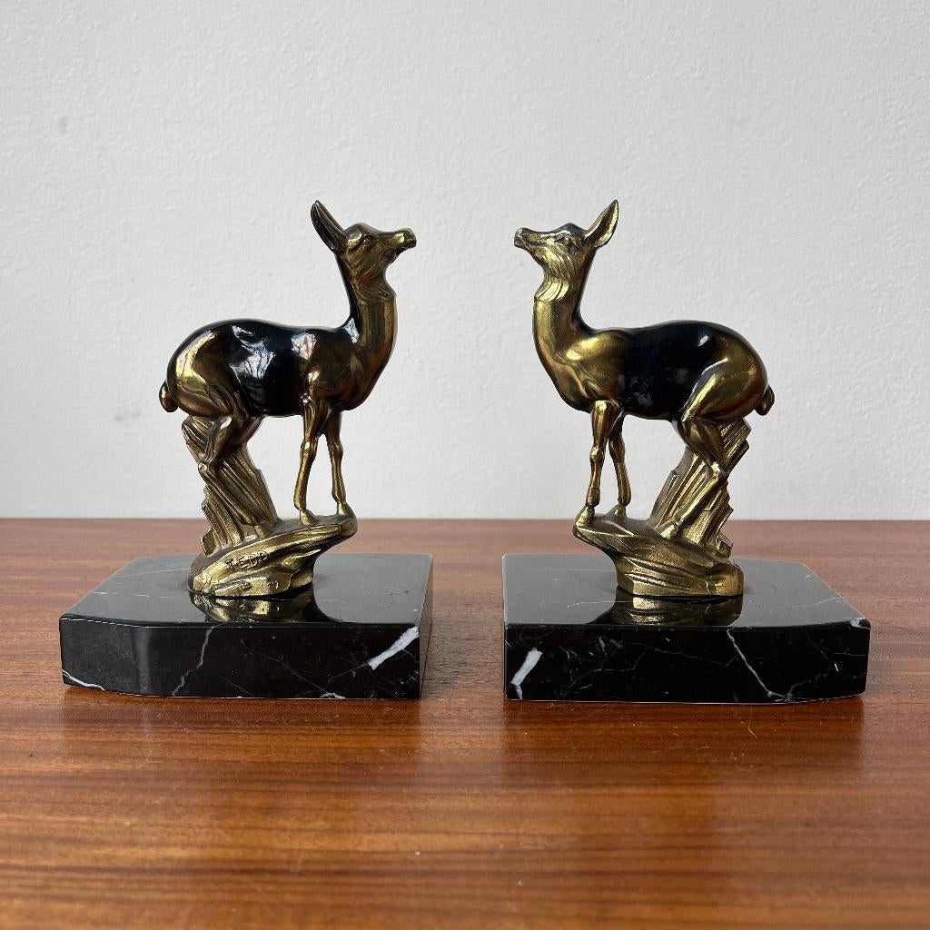 Art deco marmer en brons herten set boekensteunen TEDD, Antiek en Kunst, Ophalen of Verzenden