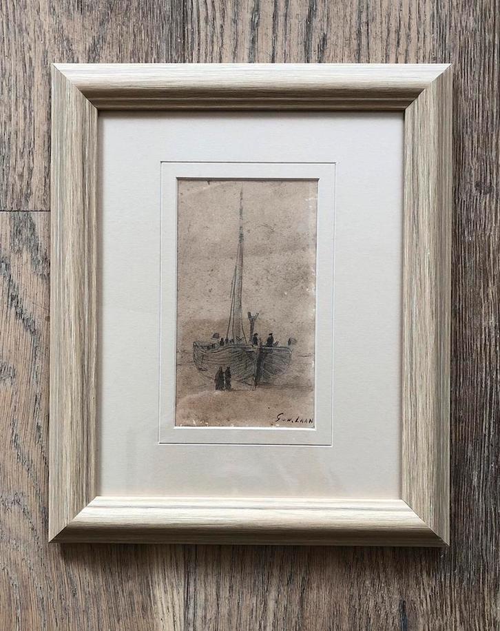 Gerard van der Laan (schets) tekening: strand, bomschuit, Antiek en Kunst, Kunst | Tekeningen en Foto's, Ophalen of Verzenden