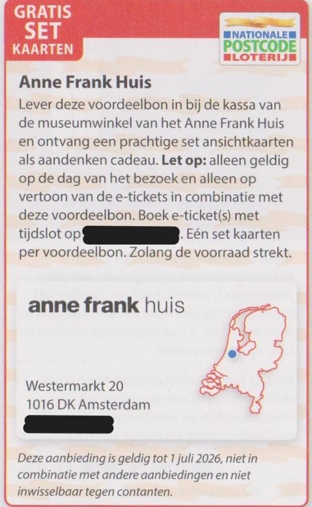 Anne Frank Huis, gratis set kaarten. Postcodeloterij bon., Tickets en Kaartjes, Eén persoon, Kortingskaart