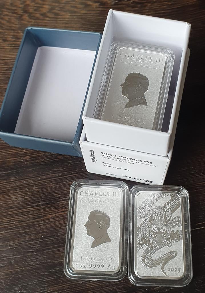 10x ounce zilver rectangular Dragon 2025 in capsule/doosje, Ophalen, Zilver