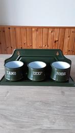 EMAILLE DONKER GROEN ZAND ZEEP EN SODA MET REKJE VAN BK., Antiek en Kunst, Antiek | Emaille, Ophalen of Verzenden