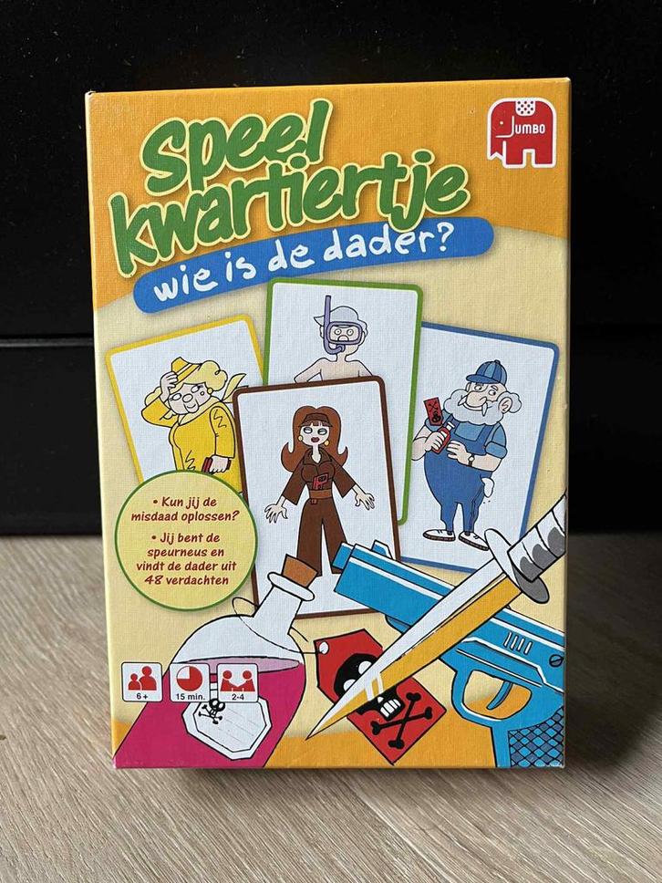 Speel kwartiertje: Wie is de dader? - Jumbo kaartspel, Hobby en Vrije tijd, Gezelschapsspellen | Overige, Zo goed als nieuw, Drie of vier spelers