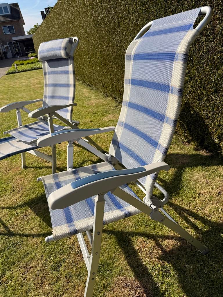 Drie Duckdalf campingstoelen met kussens en voetenbanken, Ophalen of Verzenden, Gebruikt, Campingstoel