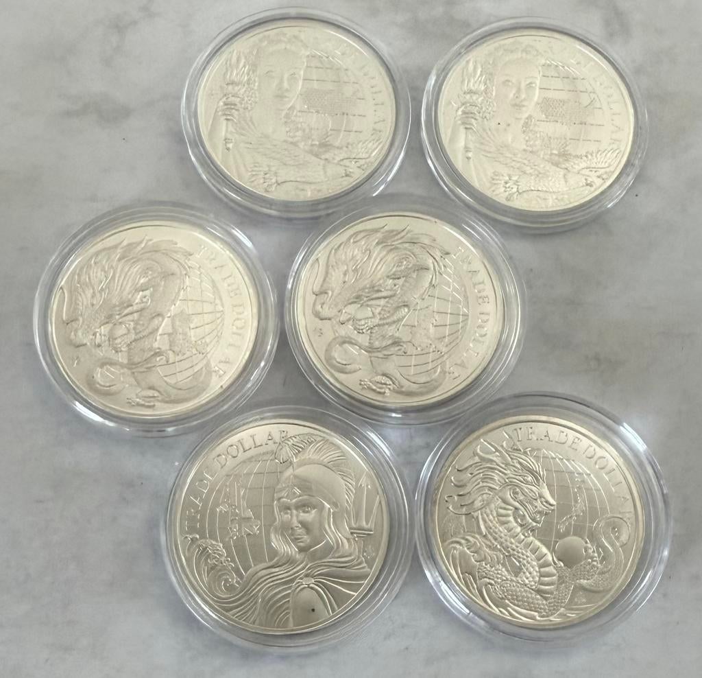 6x 1oz zilver Trade Dollar / East India Company 999 zilver, Ophalen of Verzenden, Noord-Amerika, Zilver