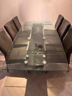 Uitschuifbare glazen eettafel met 6 leren stoelen, Huis en Inrichting, Tafels | Eettafels, Ophalen, Gebruikt, 100 tot 150 cm, Glas