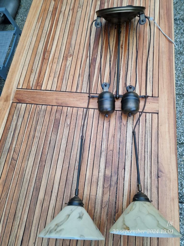 Vintage katrol plafond hang lamp met gemarmerd glas, Huis en Inrichting, Lampen | Hanglampen, Ophalen, Zo goed als nieuw, Glas
