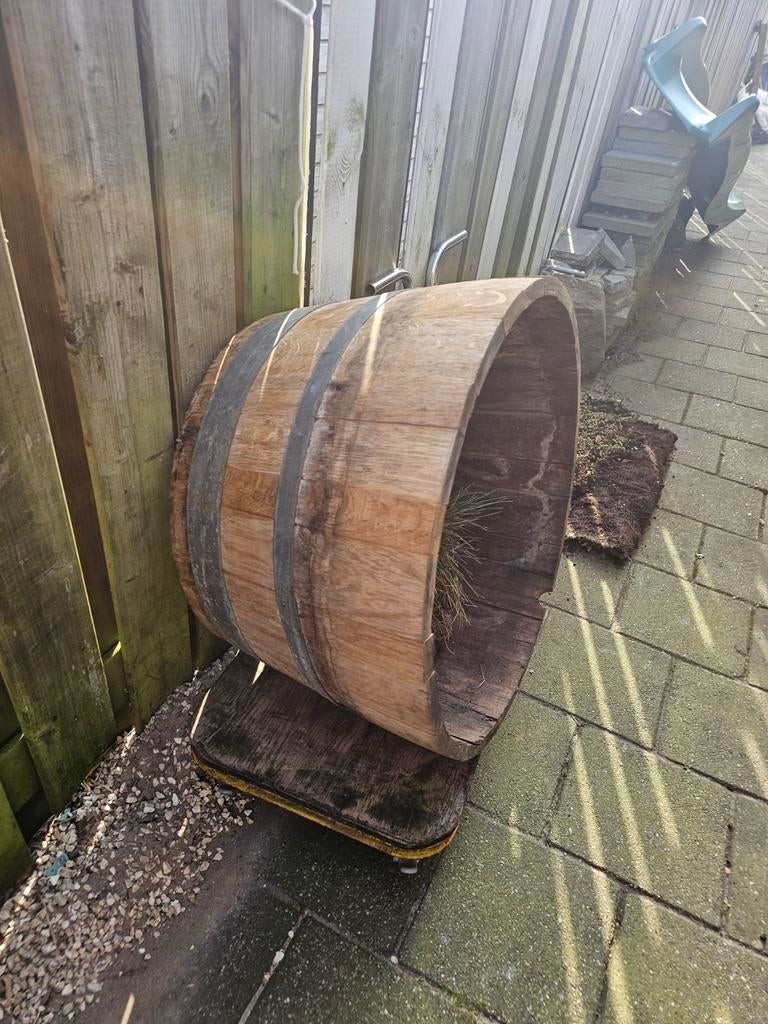 Wijnvat plantenbak - diameter 72cm, hoogte 45cm, Tuin en Terras, Bloembakken en Plantenbakken, Gebruikt, Rond, Ophalen of Verzenden