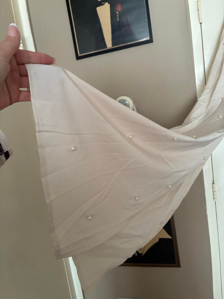 Lange Crème Feestjurk met Parels - Maat L, Galajurk, Beige, Maat 42/44 (L), Ophalen of Verzenden