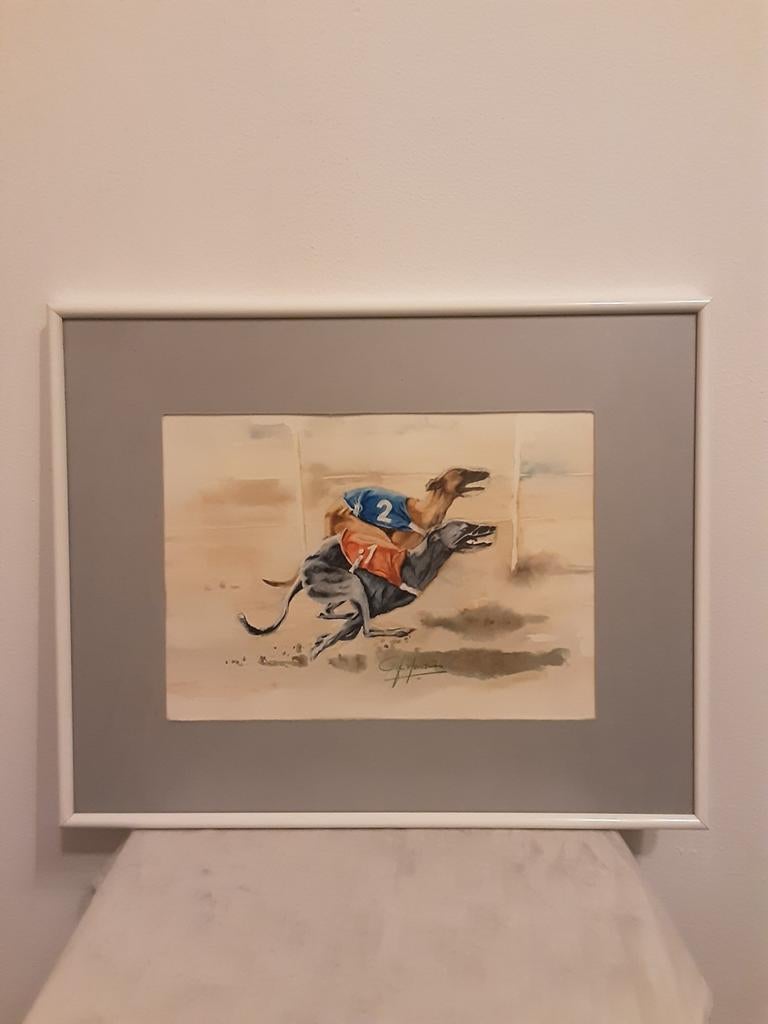 Whippet op renbaan aquarel Gerard Hendriks, Antiek en Kunst, Ophalen of Verzenden
