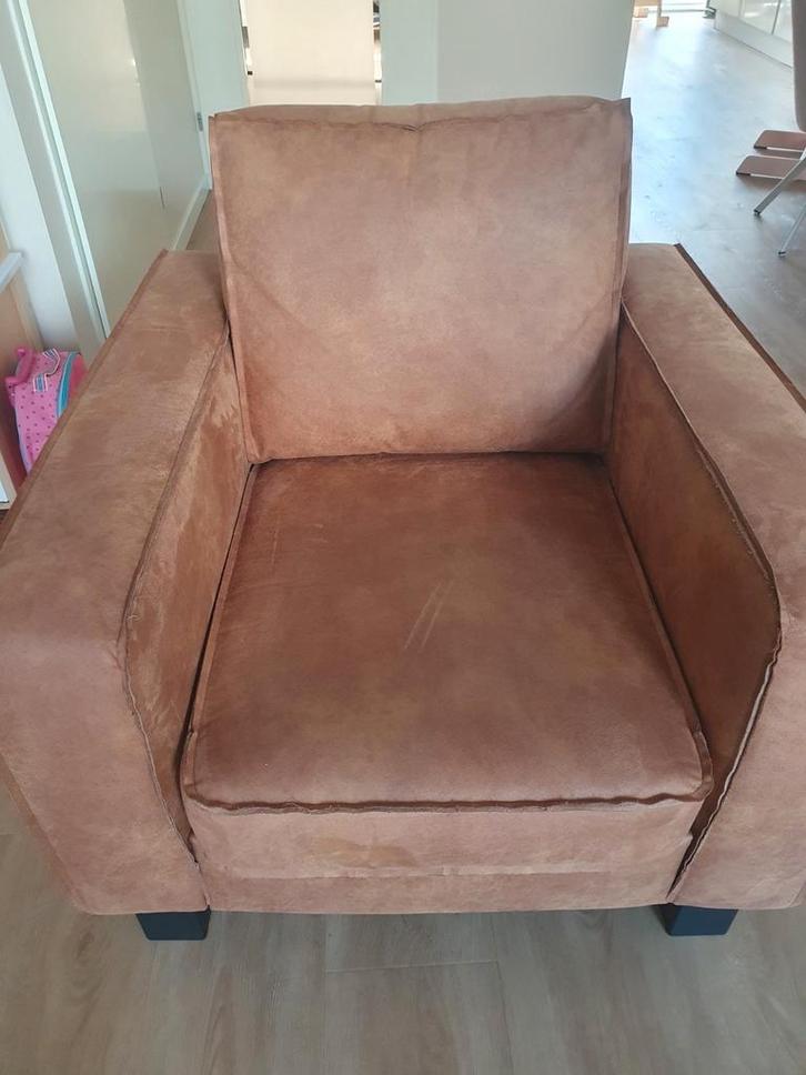 Cognac microleder fauteuil / stoel - 90x90 cm, Huis en Inrichting, Fauteuils, Gebruikt, Overige materialen, 75 tot 100 cm, 75 tot 100 cm