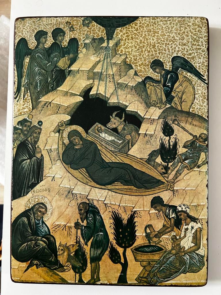 Prent icoon stijl: Geboorte van Christus, Antiek en Kunst, Antiek | Religie, Ophalen of Verzenden